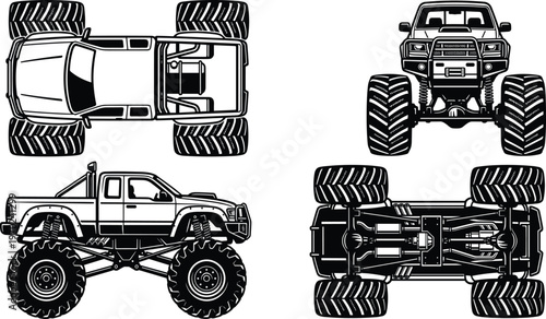 Monster truck vector illustration set showing top, side, front, and bottom chassis views for automotive design, off-road racing, and engineering.