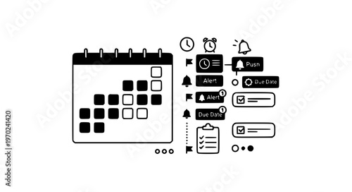Asymmetrical Monthly Planner and Productivity Calendar UI Black Silhouette Vector Illustration
