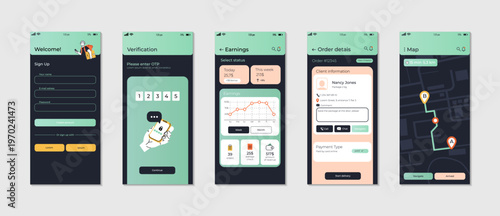 Modern courier delivery mobile app UI kit in dark theme with tracking map, order details, earnings dashboard and authentication screens. Clean interface design for logistics, delivery service