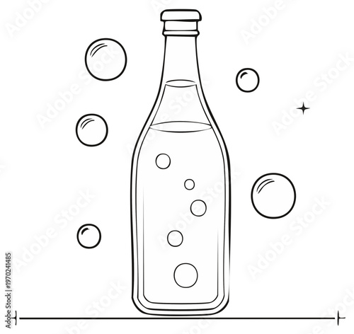 Illustration of a Glass Bottle Filled with Liquid and Bubbles