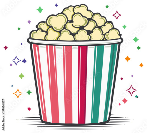 Cartoon style striped container filled with popcorn, surrounded by colourful stars