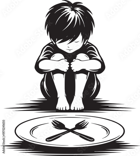 Hungry Child Sitting with Empty Plate and Crossed Fork and Spoon Representing Poverty, Hunger and Food Crisis Concept