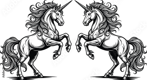 Two Rearing Unicorns Facing Each Other, Mythical Creatures Line Art, Fantasy Stallion Silhouette, Magical Horse Illustration, Black and White Vector Graphic