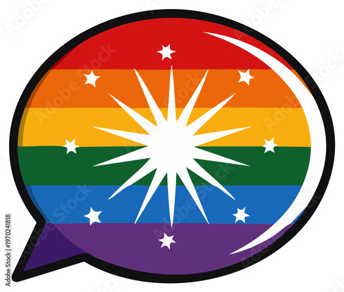 Rainbow speech bubble with stars, sun, and crescent moon design, LGBT concept.