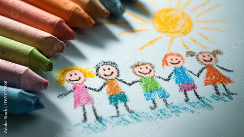 Child drawing happy children holding hands sun crayon art kids friendship outdoors colorful childhood joy scene