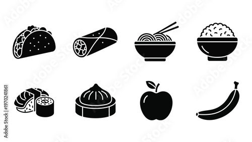 A collection of various food items including tacos sushi fruit and noodles shown in a stark black silhouette high quality professional