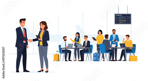 Two business people shake hands in an airport lounge where others are working and waiting.