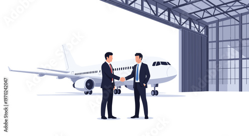 Two businessmen shake hands in front of a white airplane inside a large aircraft hangar.