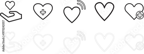 Healthcare and Charity Heart Icon Set Featuring Medical Cross and Care Hand
