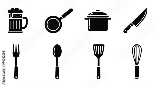 A collection of black kitchen utensils including a mug pan pot knife and various tools silhouette high quality professional detailed modern