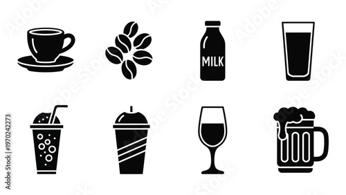A collection of various beverage icons including coffee milk juice and alcoholic drinks in a flat silhouette high quality professional detailed