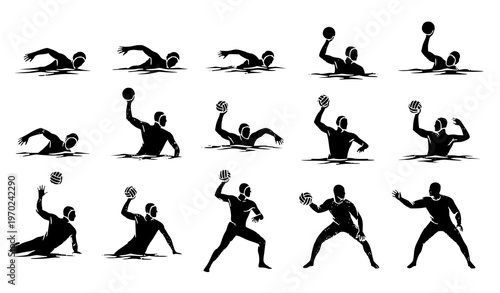 A set of black silhouette illustrations of a water polo player in various poses