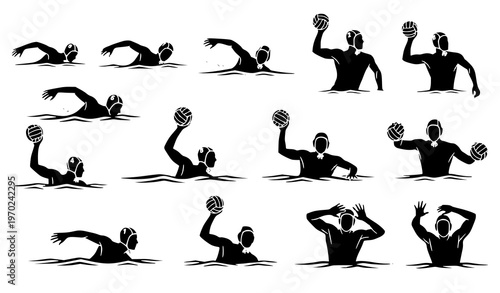 A set of black silhouette vector graphics of water polo players in various swimming and throwing positions