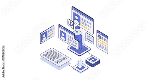 Isometric Illustration of Online User Profiles, Digital Identity, and Customer Ratings for Recruitment and Social Media Marketing