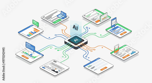 Artificial Intelligence Processor and Digital Data Ecosystem Isometric Illustration, AI Machine Learning Hub Connecting Information Interfaces