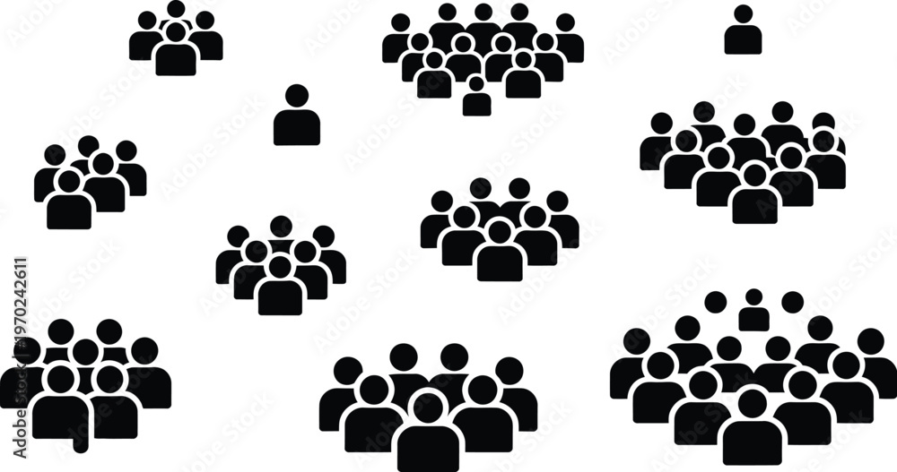 Fototapeta premium People silhouettes, diverse crowd groups showing different formations and densities, black solid icons representing teamwork, society, and population concepts