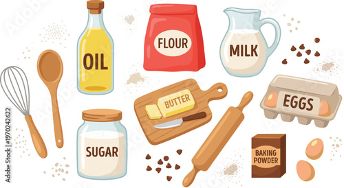 Baking ingredients and kitchen tools set with flour, milk, eggs, and butter, flat vector illustration collection
