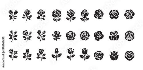 Assorted rose flower head and bud silhouette icons collection for graphic design projects