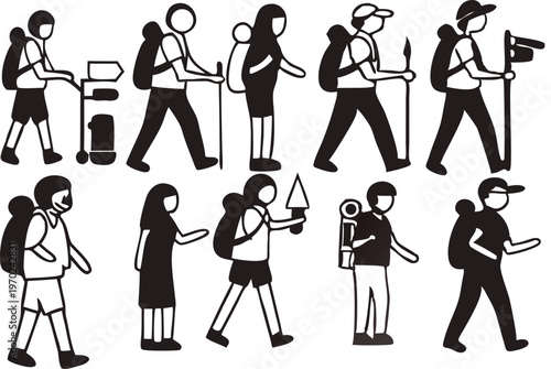 set of hiking people with backpacks, trekking poles and outdoor poses. Perfect for travel, adventure, tourism, nature and outdoor design projects.