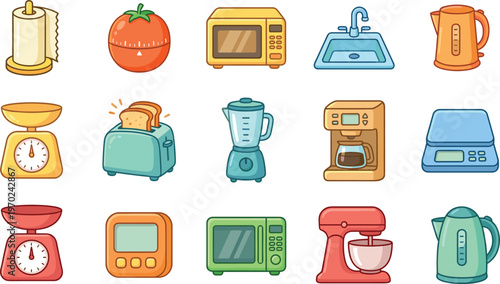 Kitchen appliances and electronics icons set with toaster, blender, microwave, and coffee maker, flat vector illustration