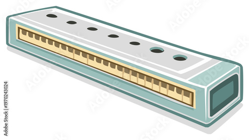 Close-up of a long, light blue harmonica with a beige keyboard-like section and dark circular holes