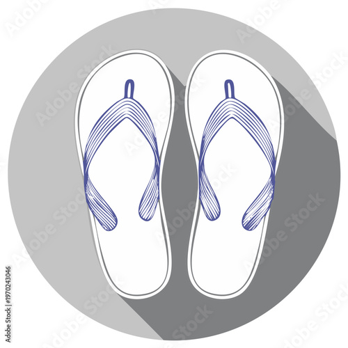 Simple graphic illustration of white flip flops with blue straps on a gray circular background with shadow