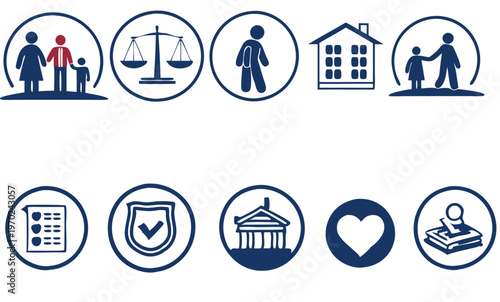 Social services and community support icon set. Vector pictograms of wheelchair, family, housing, education, justice, and equality, thin outline