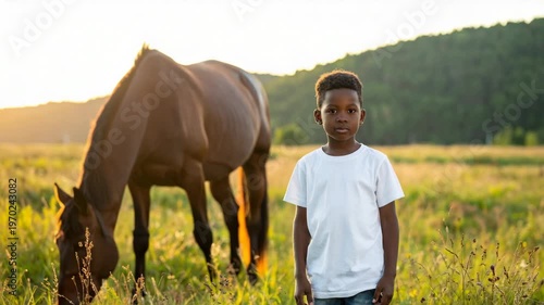 Young Black boy and horse in a golden sunlit meadow at sunset