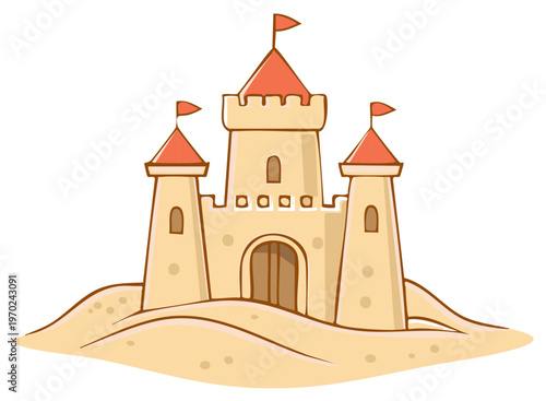 Cartoon sand castle with towers and flags on sandy dunes