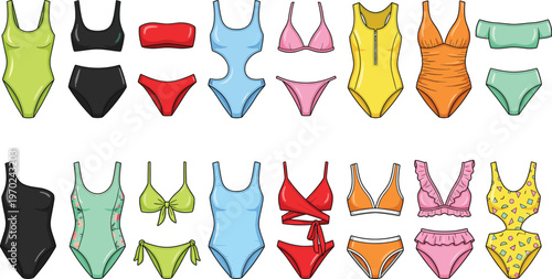 Women's beachwear collection with various bikinis and one piece swimsuits, summer fashion flat vector illustration