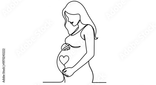 Pregnant woman holding heart on belly expecting mother with love and care illustration