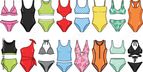 Women's swimwear collection with bikinis and one piece swimsuits, summer beach fashion flat vector illustration