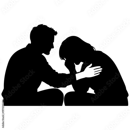 Man Comforting Crying Woman Silhouette, Support and Empathy