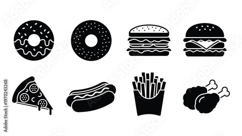 A collection of fast food items including donuts burgers pizza hotdogs fries and chicken in silhouette high quality professional detailed modern