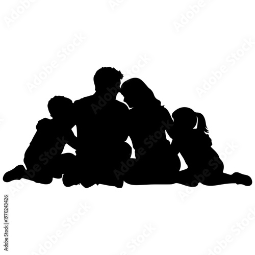 Silhouette of a loving family with two children, embracing warmly