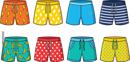 Men swimming trunks collection with colorful patterns and summer beach shorts, flat vector illustration set