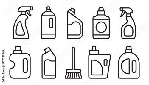 Cleaning products line icons set detergent bottles and household supplies in outline style vector collection
