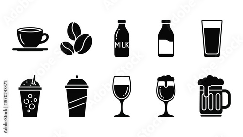 A collection of black silhouette icons depicting various beverages from coffee to beer arranged on a white background silhouette high quality