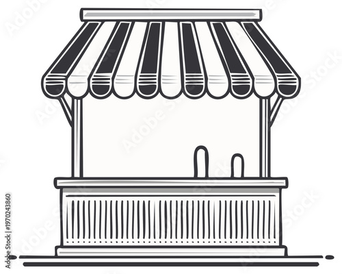 Open Market Stall Booth Empty Vendor Stand Line Art. Retail display with stripped Awning and Minimalist Design.