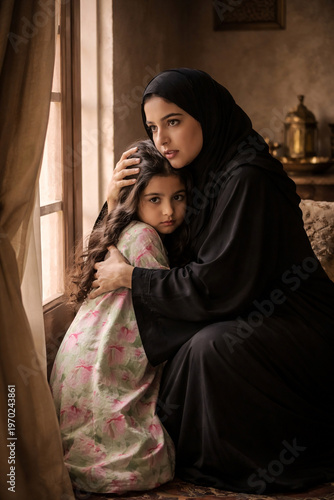 Protective Mother Shielding Daughter During Middle East Geopolitical Crisis | Iranian and GCC Conflict Concept with Arab Family in Traditional Dress at Home