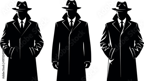 Mysterious Silhouette of Three Spies in Trench Coats and Fedora Hats Standing Together in a Black and White Vector Illustration