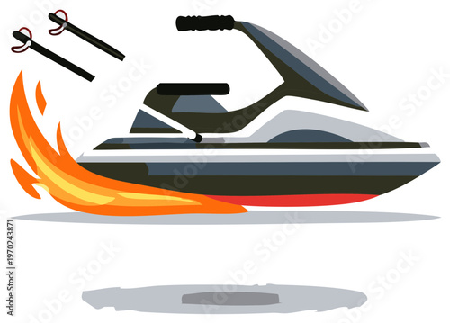 Dramatic Jet Ski Illustration with Flames and Arrows Conveying Speed and Adventure