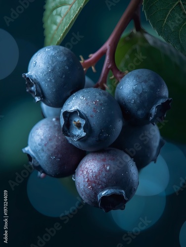 Fresh organic blueberries and raspberries on a bush branch, featuring ripe juicy berries in a macro closeup isolated on white for a healthy raw food dessert