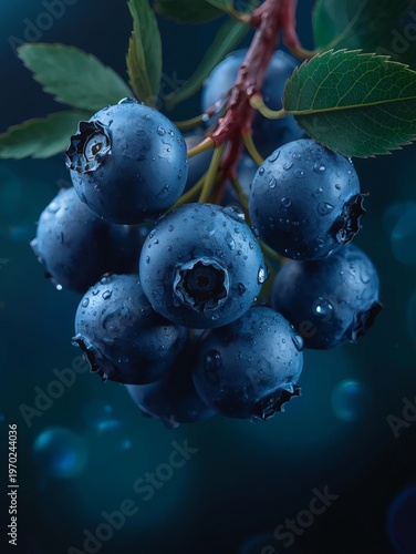 Fresh organic blueberries and raspberries on a bush branch, featuring ripe juicy berries in a macro closeup isolated on white for a healthy raw food dessert