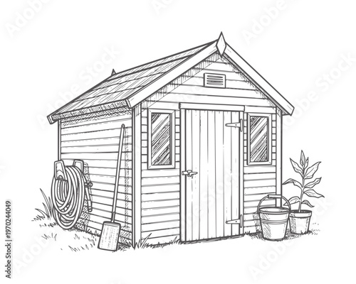 Hand drawn garden shed with gardening tools and plants hose shovel