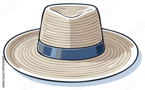 Straw hat with blue ribbon for warm weather and sun protection
