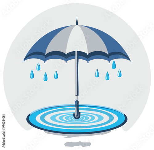 Stylized Umbrella Protecting Concentric Puddles From Raindrops. Rain, Weather, Protection, Flat Art.