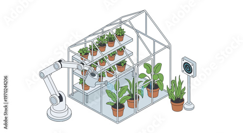 Smart Greenhouse with Robotic Arm Watering Plants - Isometric Illustration of Automated Agriculture and Future Farming Technology
