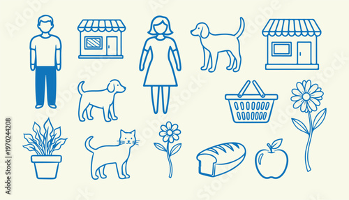 Minimalist community and shopping icons including people pets flowers and retail buildings.