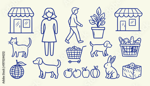 Outdoor shopping and lifestyle line art elements with walking figures pets and groceries.
